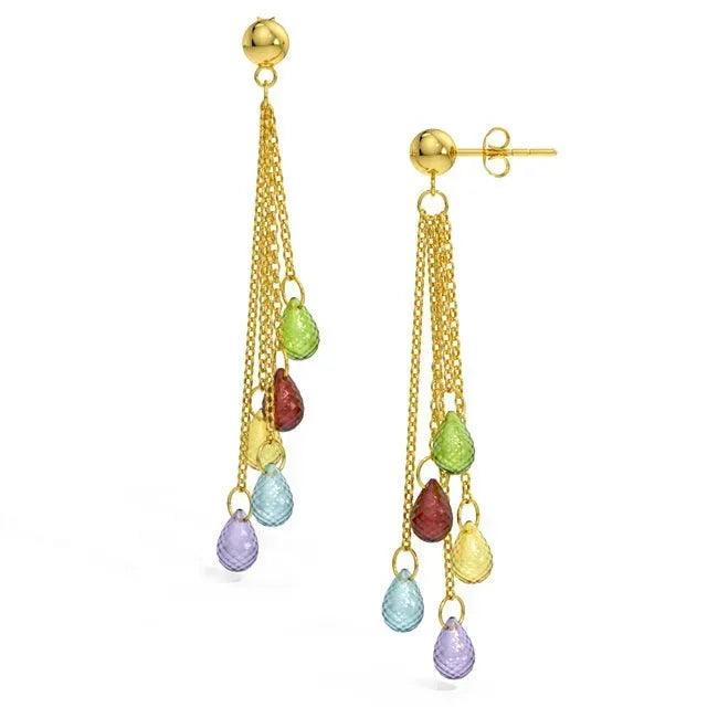 14k gold gemstone dangle briolette earrings with sparkling stones, showcasing elegant jewelry design and craftsmanship.