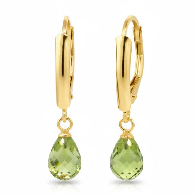 14k gold peridot chandelier earrings with briolette gemstones and 2.80 carats total weight, featuring elegant jewelry design.