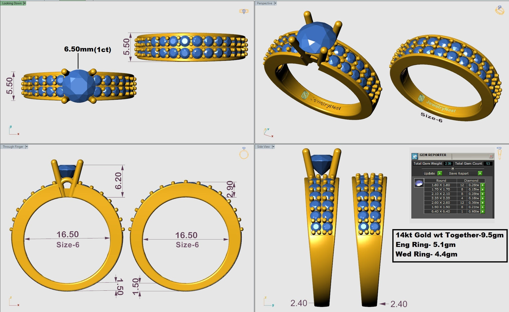 Gold and blue gemstone rings with technical specifications on a computer screen.
