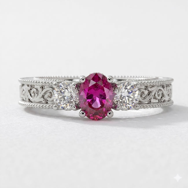 14K white gold fashion ring with an oval ruby and diamond accents, showcasing a stunning 1.50-carat total weight.