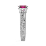 14K white gold oval ruby diamond fashion ring with 1.50 carats total weight, featuring vibrant ruby and sparkling diamonds.