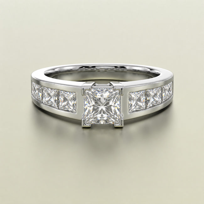 A gold diamond ring featuring a central princess-cut diamond surrounded by a halo of smaller round diamonds on a sleek band, set against a neutral light beige background.