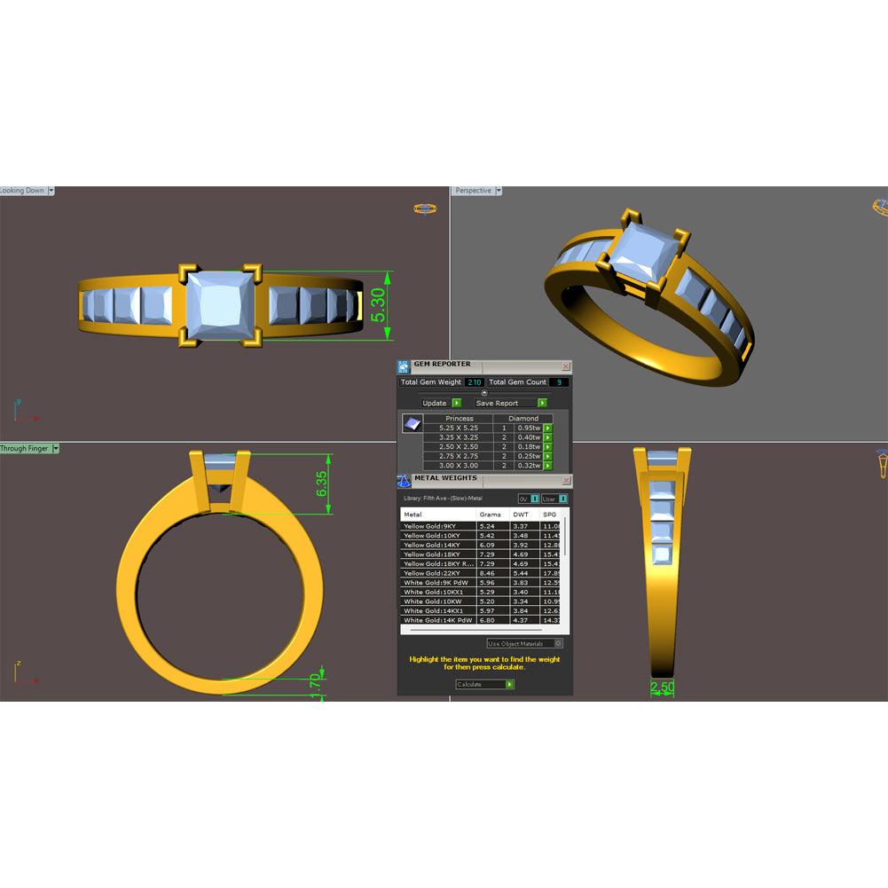 A digital rendering showing multiple views of a gold ring with a central light blue gemstone, displayed on a dark gray software interface screen with measurement annotations and a central properties panel.