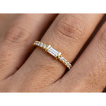 14K Gold Straight Baguette-Round Diamond Stackable Ring On Woman Hand (0.27.ct.tw)