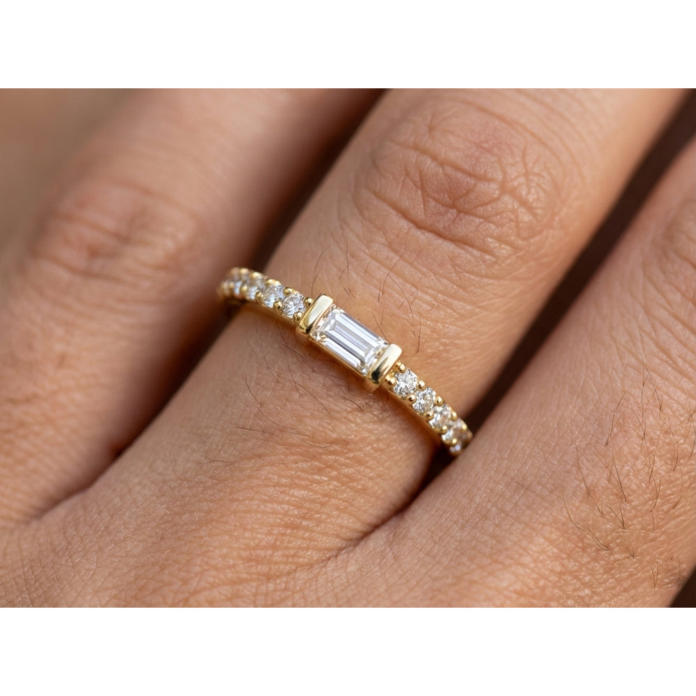 14K Gold Straight Baguette-Round Diamond Stackable Ring On Woman Hand (0.27.ct.tw)