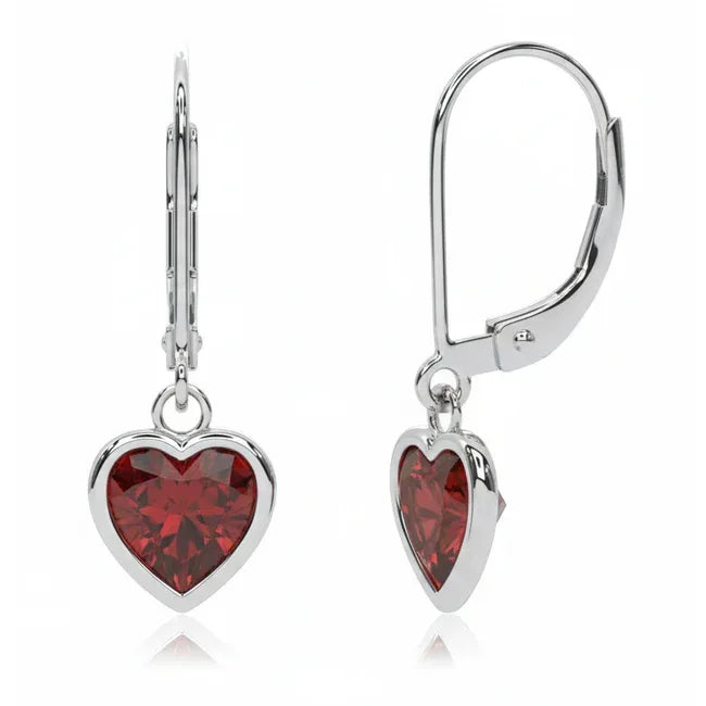 14k gold heart-shaped garnet dangle earrings with 1.84 carats tw, showcasing elegant jewelry design and deep red gemstones.