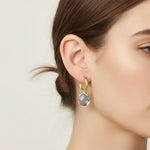 14k gold tear-drop Swiss blue checkerboard briolette earring with 5.0 carats, featuring a sparkling gemstone and elegant design.