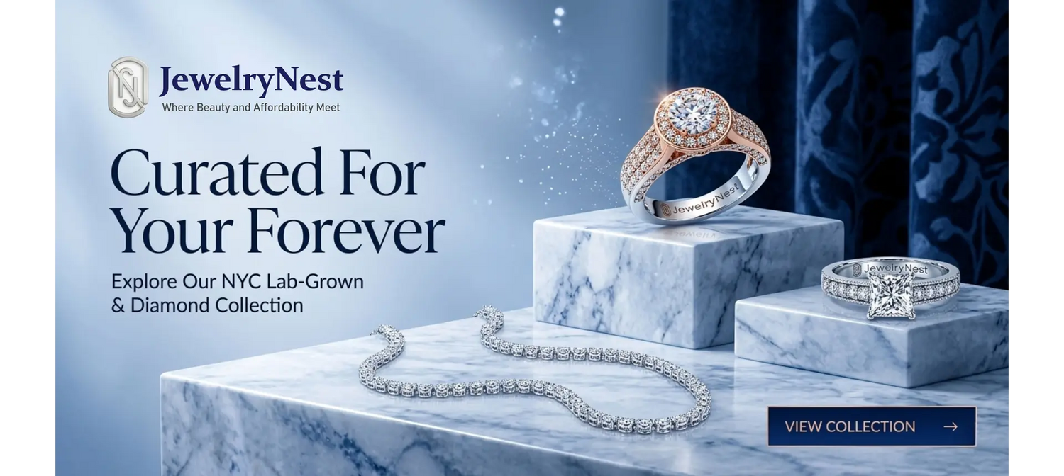 Advertisement for JewelryNest featuring jewelry on a marble surface with a blue background.