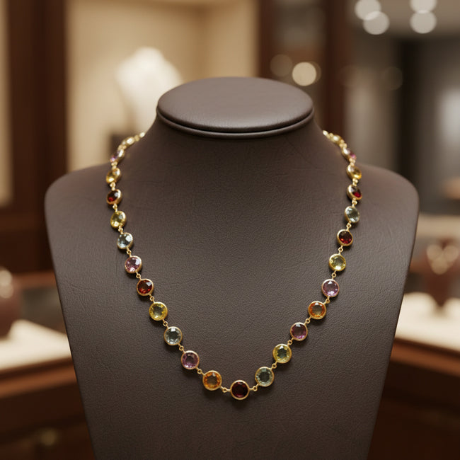 Multicolored gemstone necklace on a mannequin bust with a blurred background