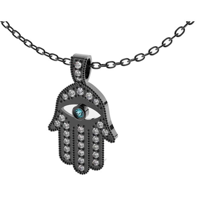 Black Hamsa hand pendant with eye design on a white background