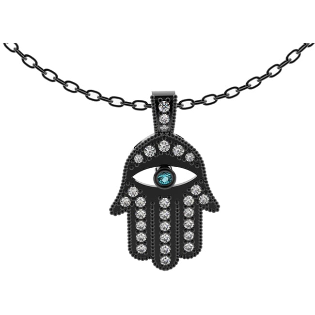 Black Hamsa hand pendant with eye design and turquoise gemstone on a chain against a white background.
