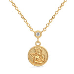 Gold necklace with an angel pendant on a white background