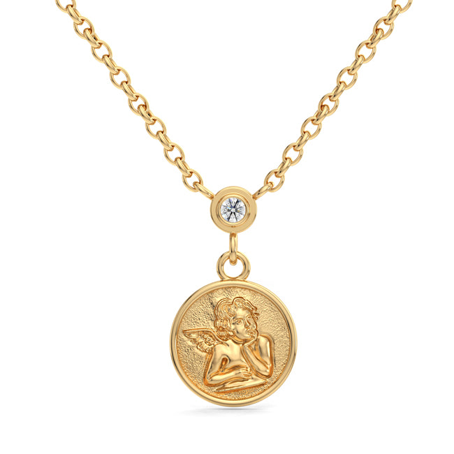 Gold necklace with an angel pendant on a white background