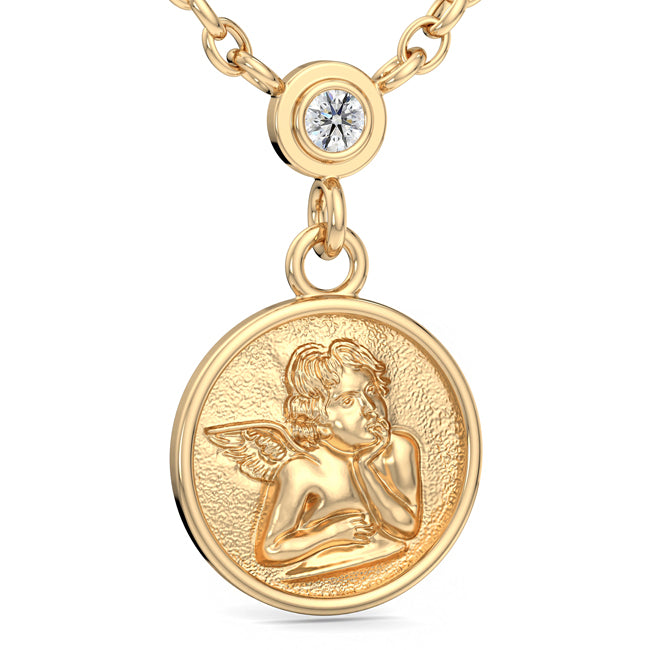 Gold pendant with angelic design and diamond on a white background