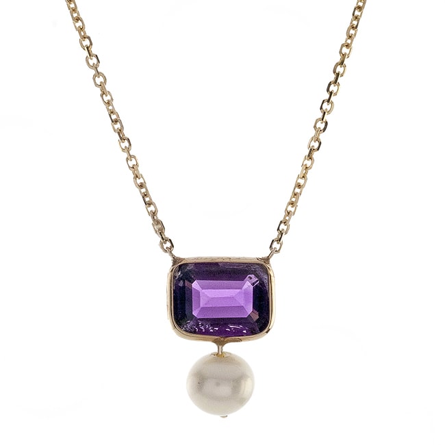 14k gold octagon amethyst and freshwater pearl pendant necklace with intricate details, elegant jewelry piece.