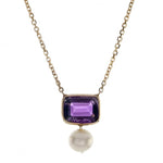 14k gold octagon amethyst and freshwater pearl pendant necklace with intricate details, elegant jewelry piece.