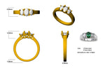 Gold rings with various designs and measurements on a white background