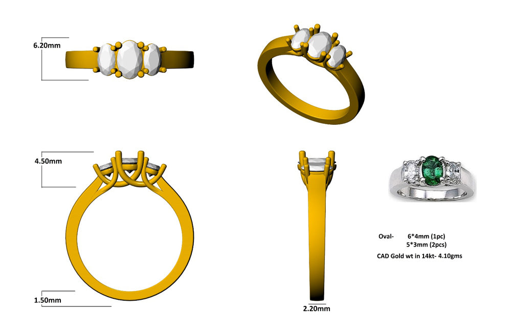 Gold rings with various designs and measurements on a white background