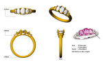 Collection of gold and silver rings with gemstones, including measurements and CAD gold weight details.