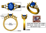 Gold ring with blue gemstone and measurements on a white background. Breakdown