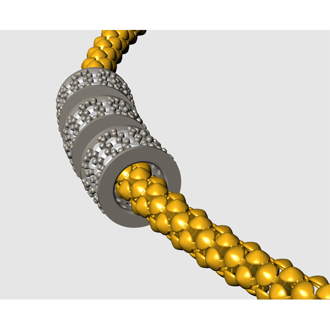 A close-up 3D render of a textured yellow braided cord or cable passing through a gray metallic sleeve with small circular internal elements, shown on a light gray background.