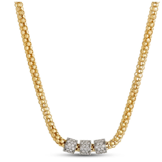 A gold chain necklace featuring three square bezel-set diamond accents at the center, displayed against a clean white background.