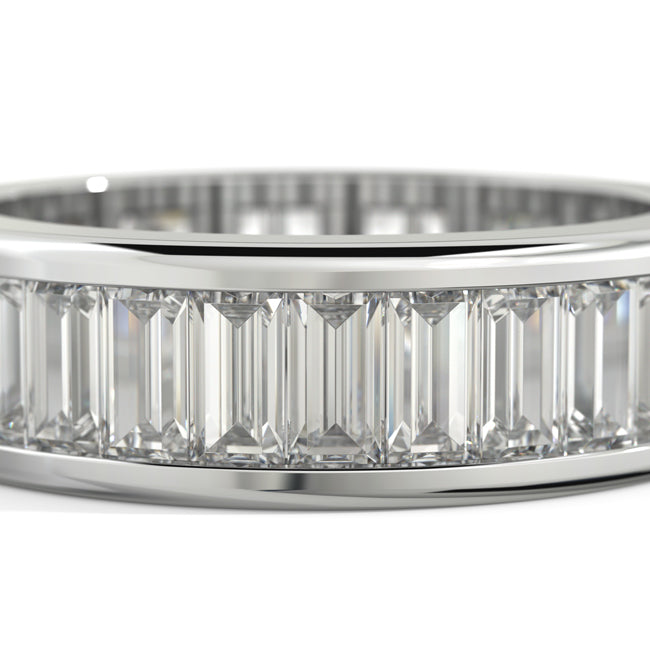 A close-up of a white-toned ring featuring a row of clear baguette-cut gemstones set in a polished band, shown against a white background.
