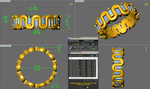 A 3D render preview of a gold-toned gemstone ring with blue gemstones, shown from multiple angles on a gray software interface background with measurement annotations and a gem report panel.