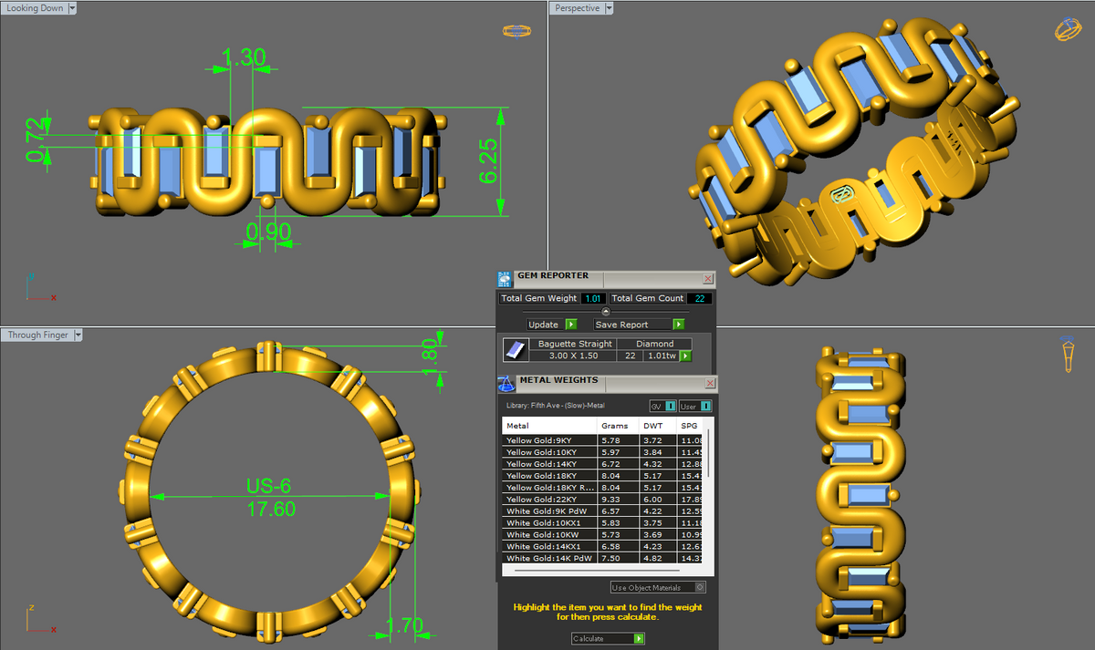 A 3D render preview of a gold-toned gemstone ring with blue gemstones, shown from multiple angles on a gray software interface background with measurement annotations and a gem report panel.