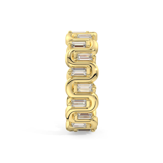 A yellow gold link ring featuring a series of baguette-cut clear gemstones set into curved, interlocking links, shown on a plain white background.