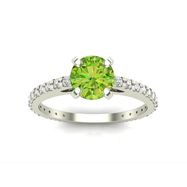 14k white gold fashion ring with a 0.65 ct ice green diamond solitaire, featuring a sleek and elegant design.