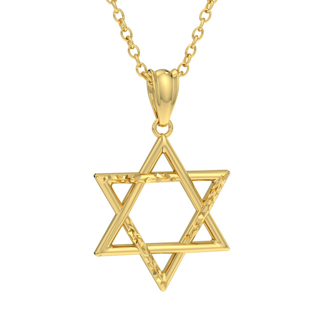 A gold Star of David pendant necklace on a matching chain, shown against a plain white background.
