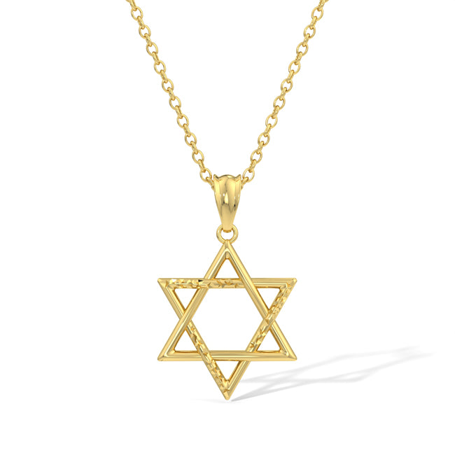A gold Star of David pendant necklace with a textured finish, hanging from a delicate gold chain against a clean white background.