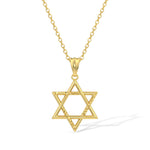 A gold Star of David pendant necklace with a textured finish, hanging from a delicate gold chain against a clean white background.