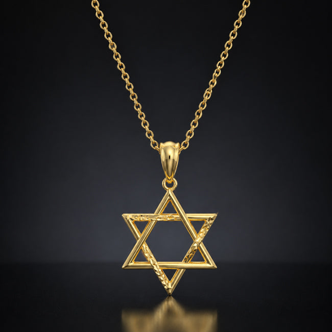 14K Gold Polished & Diamond Cut Star of David On Black Backround