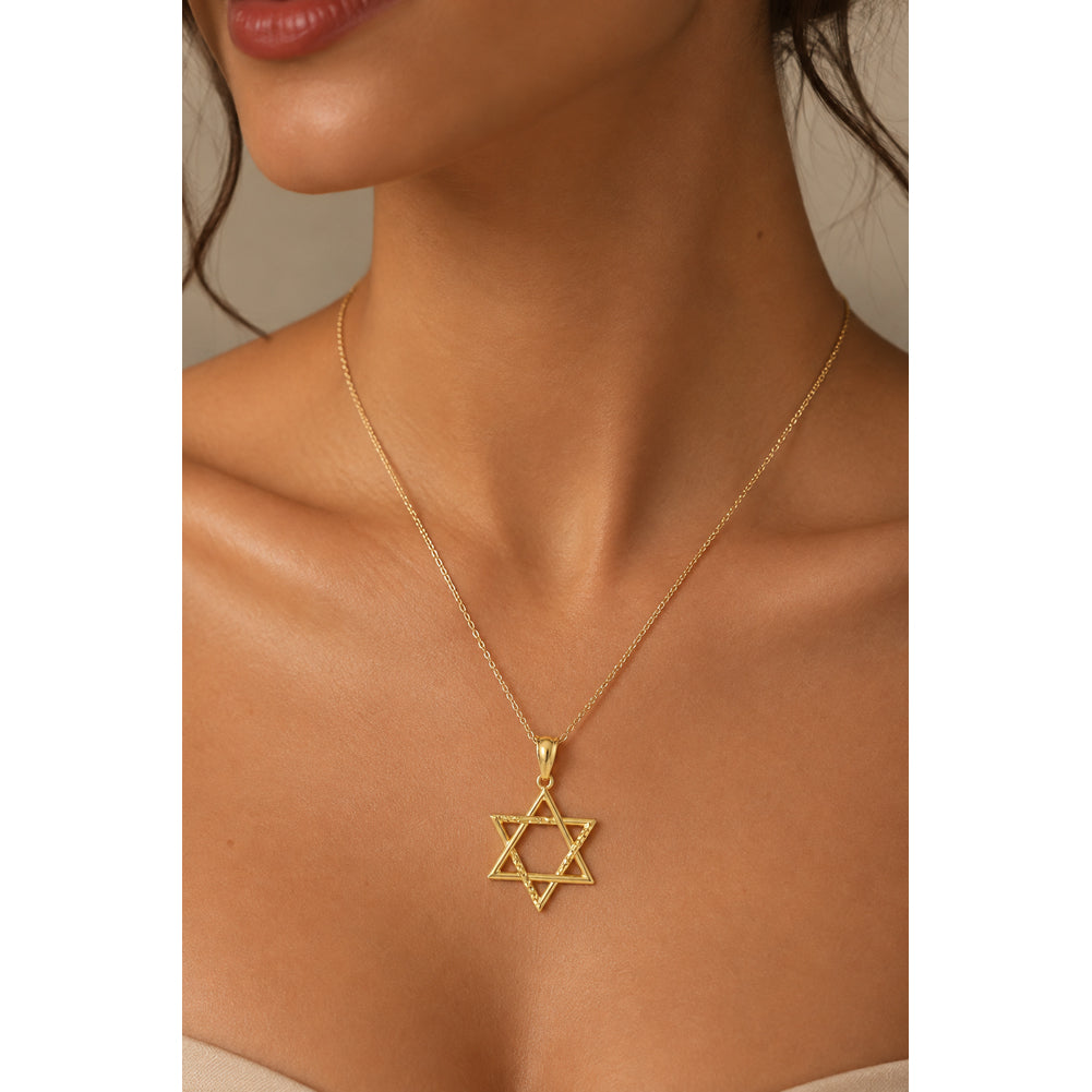14K Gold Polished & Diamond Cut Star of David On a Model