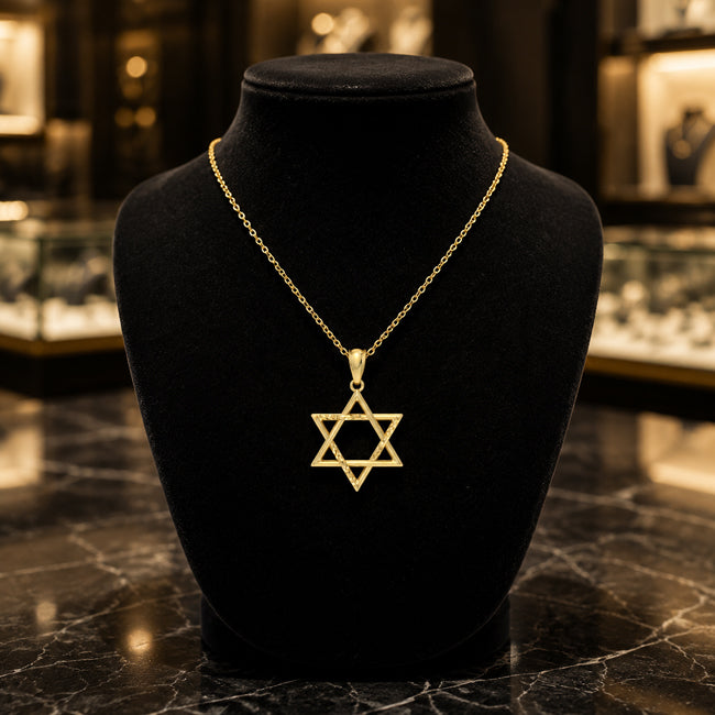 14K Gold Polished & Diamond Cut Star of David On Black Stand