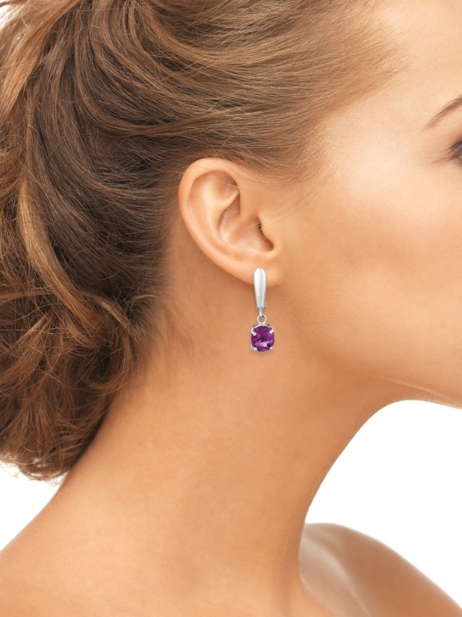 Sterling Silver Oval Amethyst Drop Earrings On Woman Ear (3.20.cts.tw)