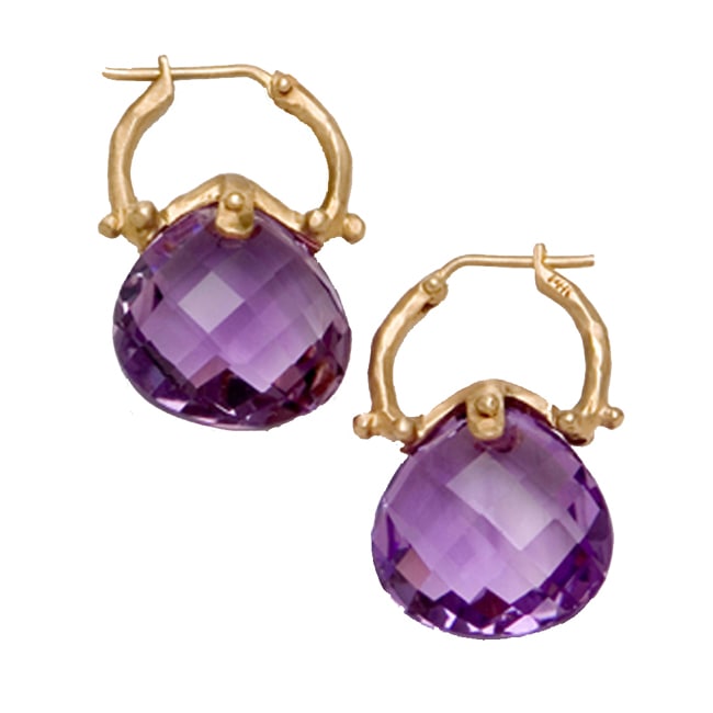 14K Gold Tear Drop Amethyst Briolette Hoop Earring (9.0.cts.tw)