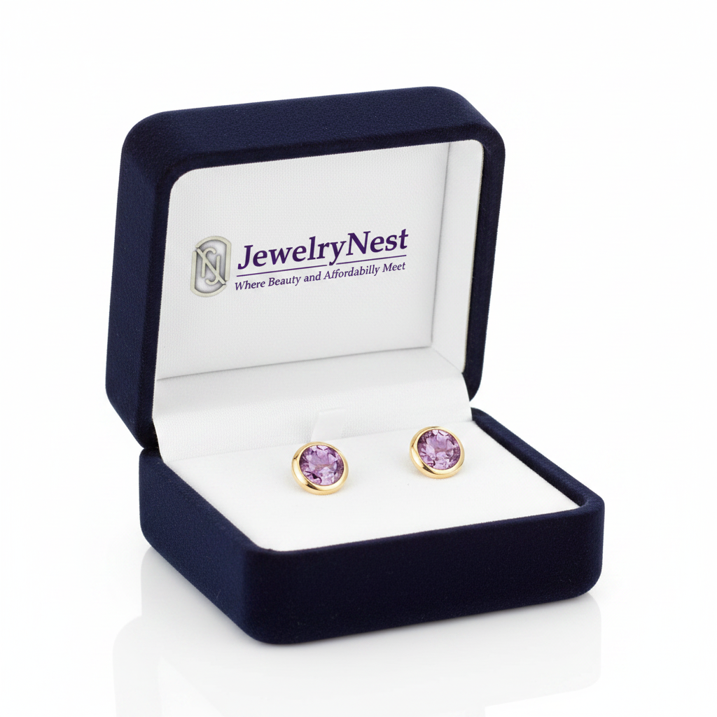 Amethyst Bezel Stud Earrings in Box with Logo