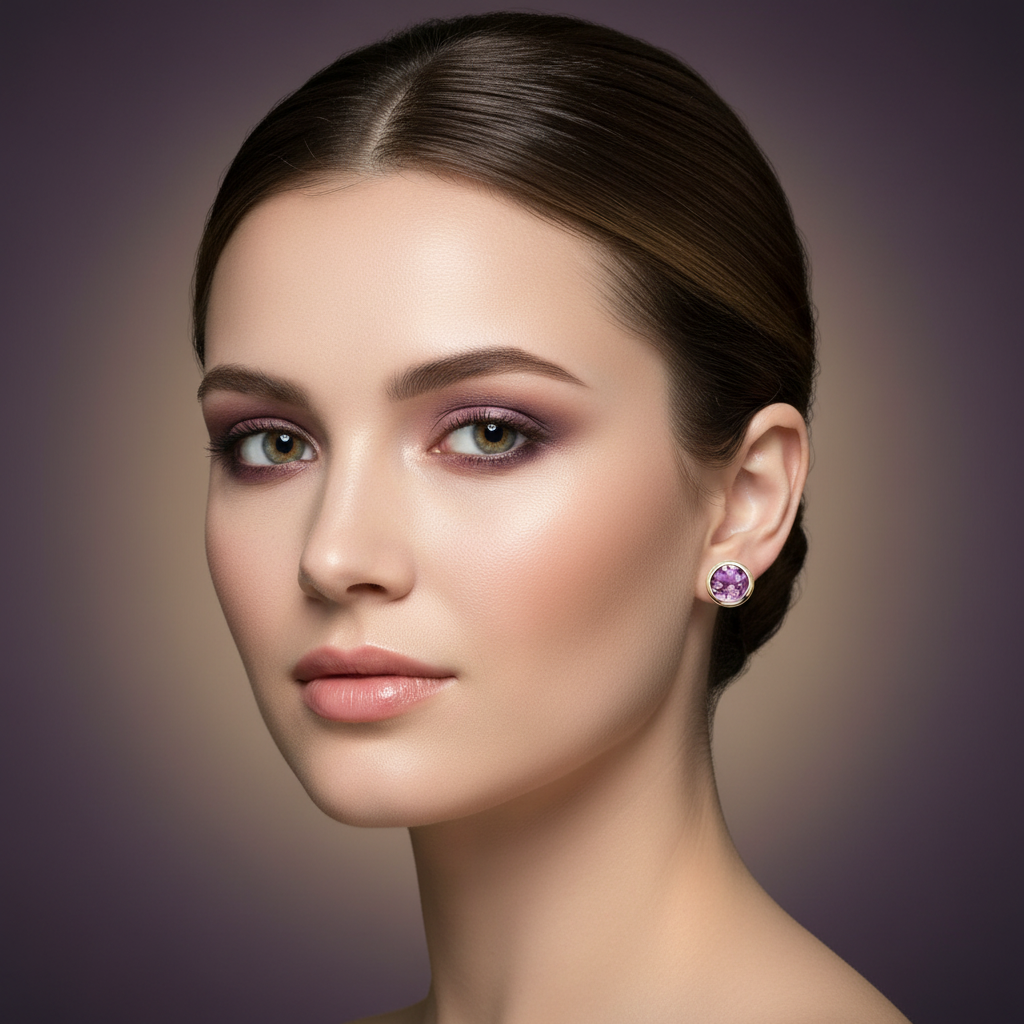 Amethyst Bezel Stud Earrings on Face