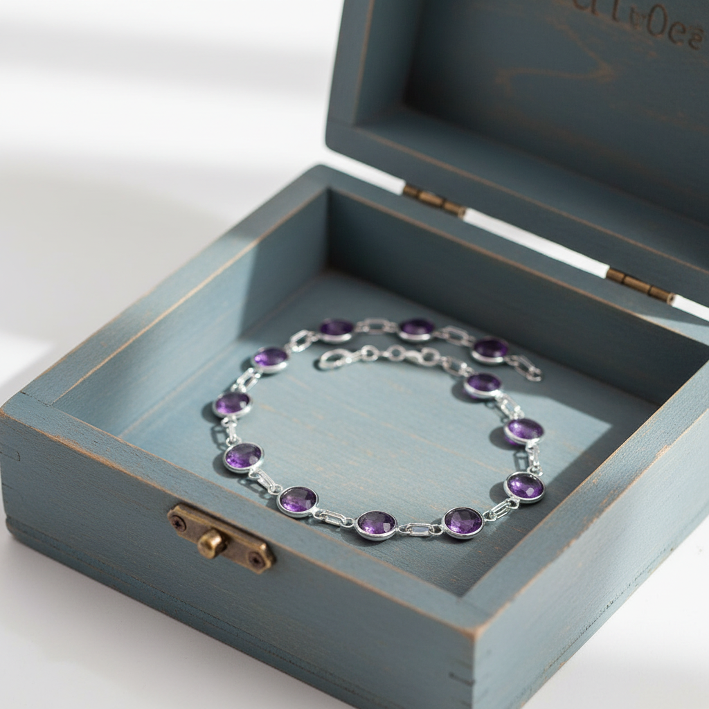 Amethyst Bracelet in Blue Wooden Box