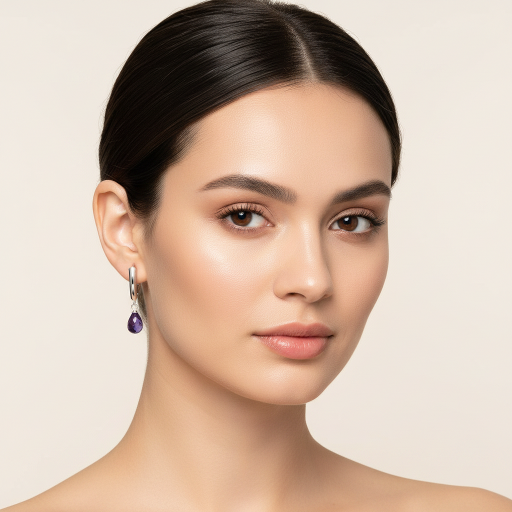 Amethyst Briolette Earrings on Model