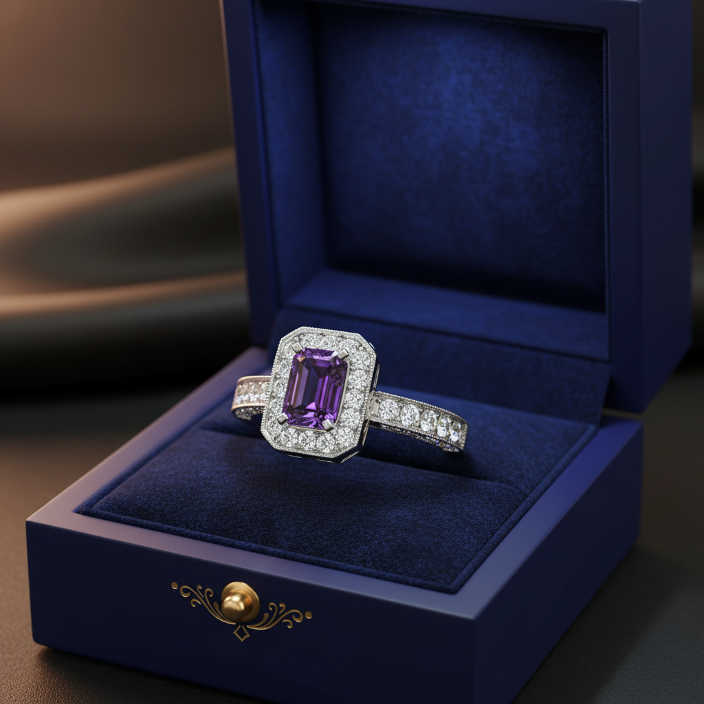 14k white gold emerald-cut amethyst diamond halo fashion ring with 1.40 ct tw, displayed in a gift box.