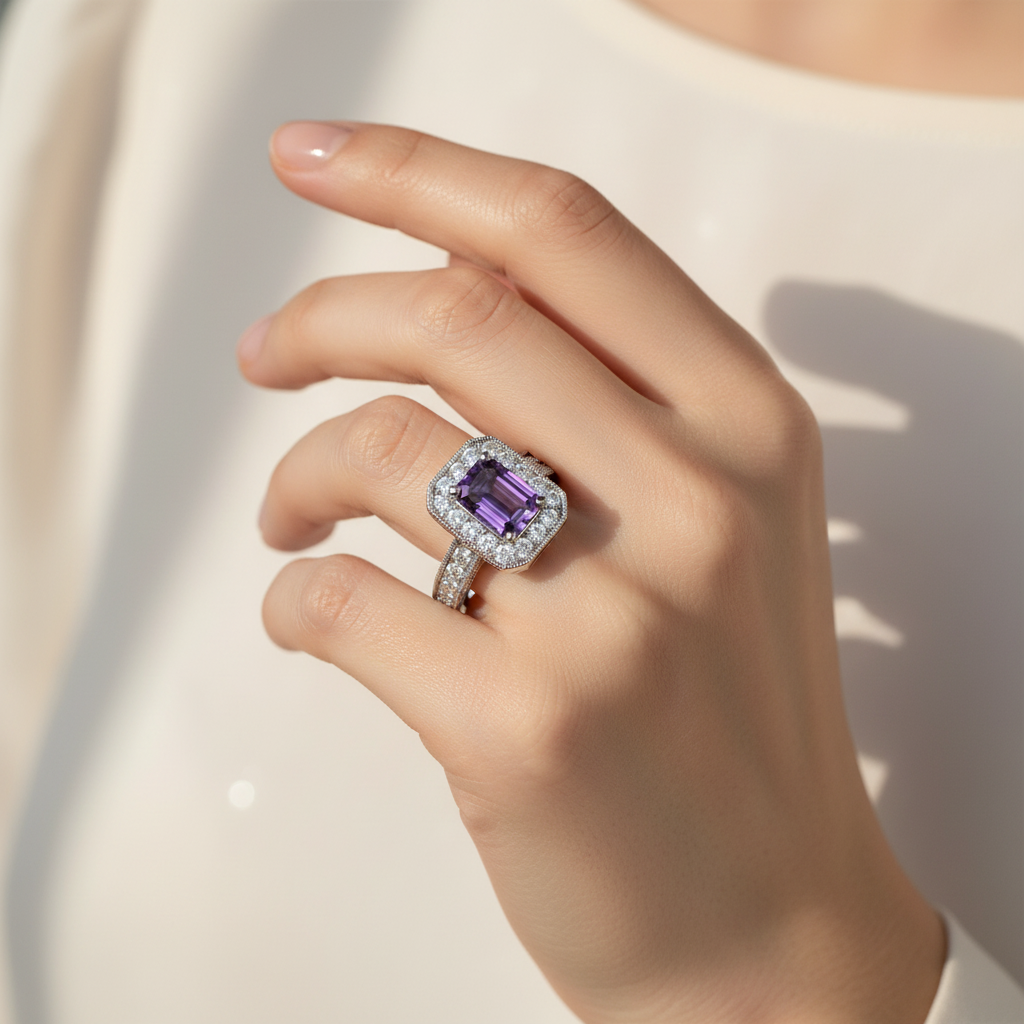 14k white gold emerald-cut amethyst diamond fashion ring with a halo setting, displayed on a hand.
