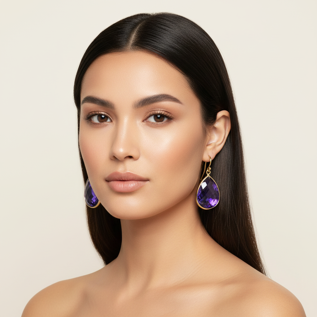 Amethyst Teardrop Earrings on Model