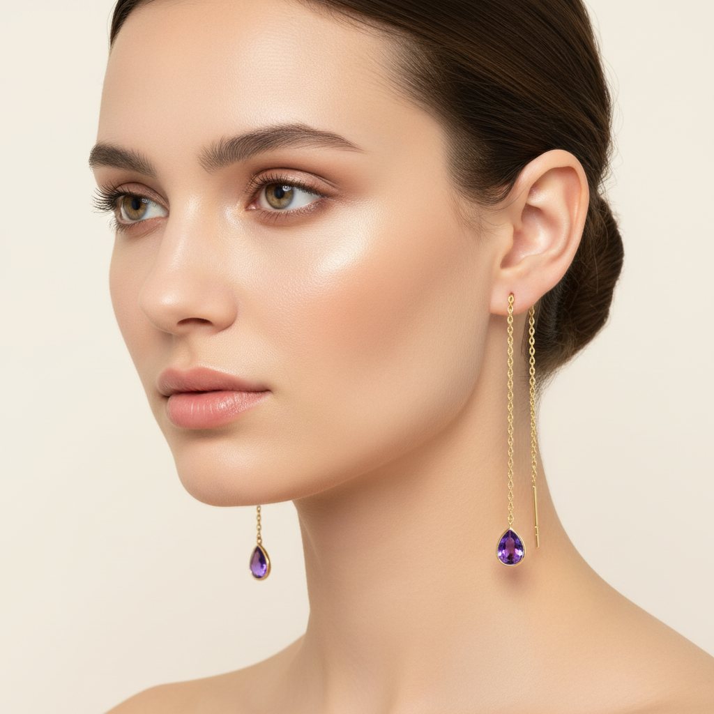 Amethyst Threader Earrings on Model