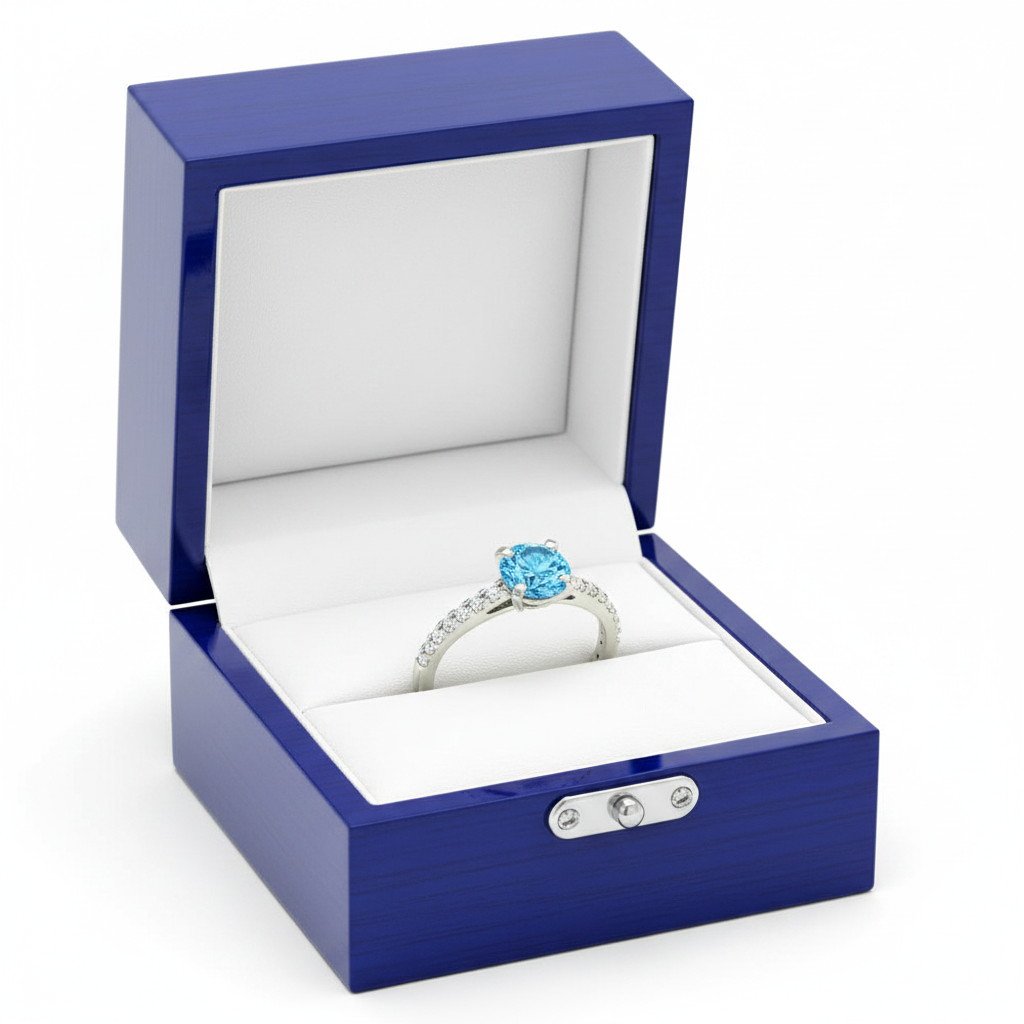 14k white gold aqua blue solitaire diamond fashion ring with 0.65 ct tw in a royal blue wooden box.