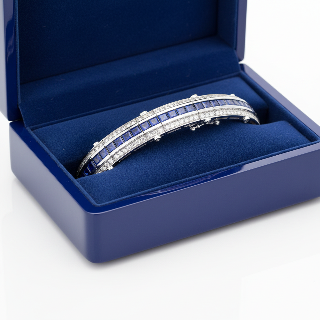 Art Deco sapphire diamond bracelet on royal blue wooden box