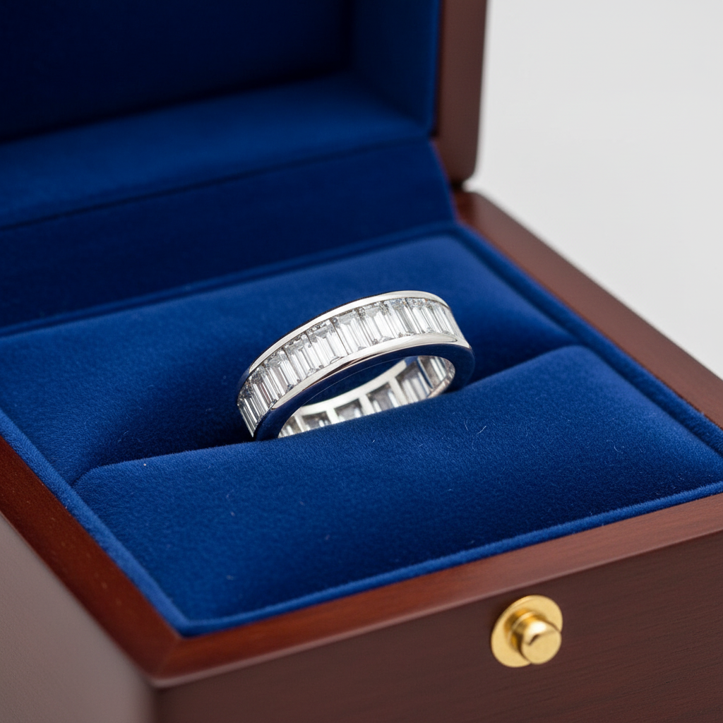 Baguette Diamond Eternity Band in Royal Blue Box